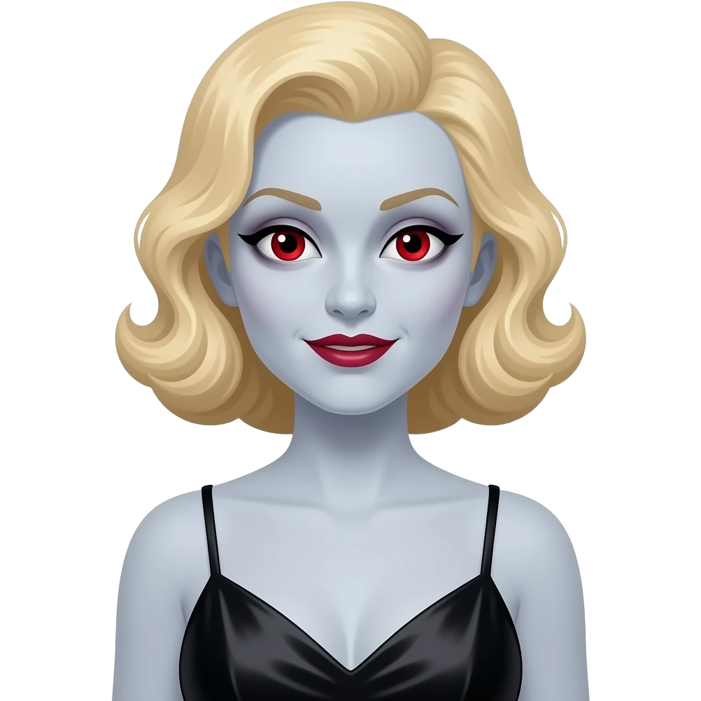 Bride of Dracula from Heroes and Villains with pale-grey skin, red eyes, blonde 1930s wavy hair, black silk nightgown emoji