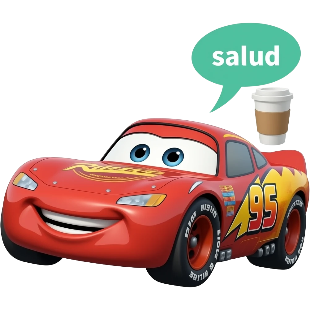 hazlo volando al rayo mcqueen y que tenga una copa y cafe y que el rayo diga salud emoji