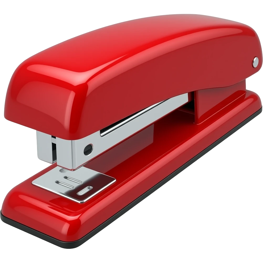 swingline shiny red stapler without stem coming off the stapler wide regular size longer longer and bright red profile view 12 inches long side view rotate left completely side view brighter red super bright red shiny! emoji