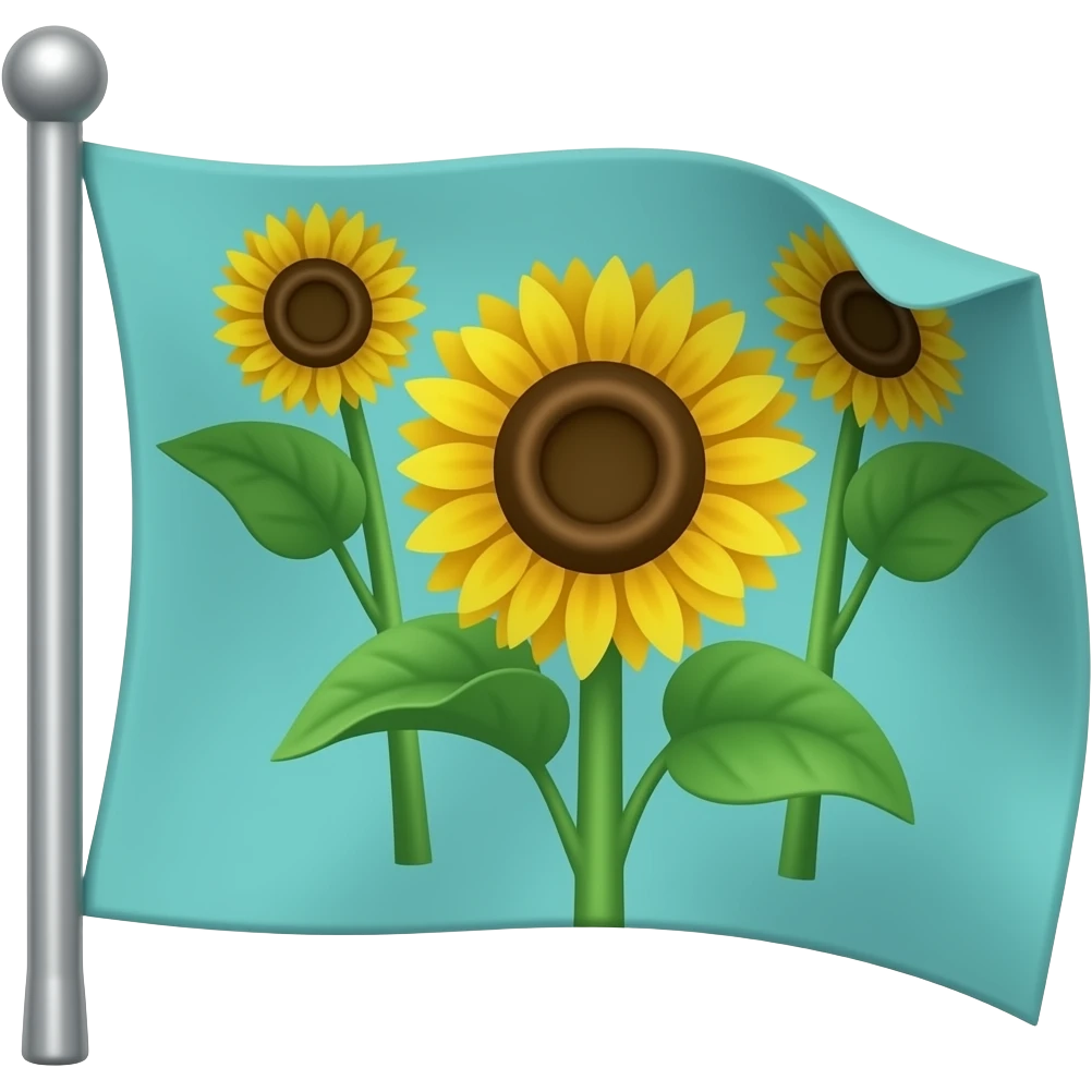 Teal flag with yellow sunflowers on flag pole blowing in wind emoji