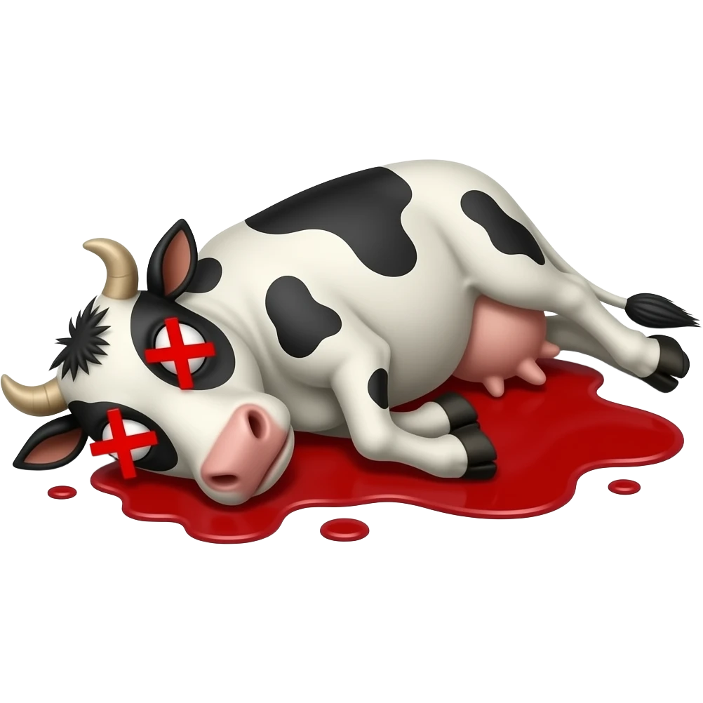 vaca muy muy flaca y delgada con equis rojas en los ojos acostada en el piso de sangre como cansada y sin vida emoji