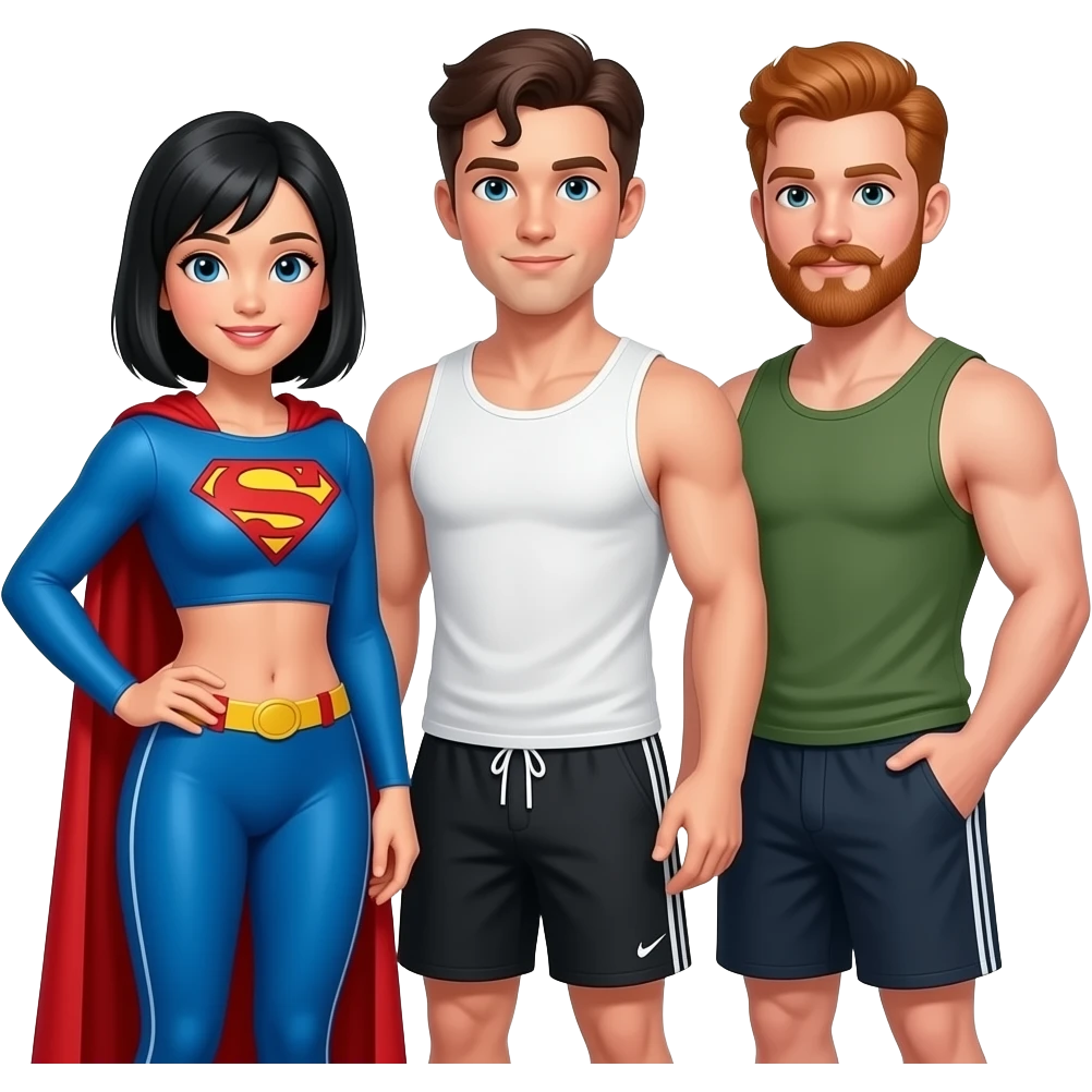 Gay throuple, one Asian with Superman hair in a gym outfit, one white with brown hair and a tank top and booty shorts, and a ginger one with a mustache. emoji