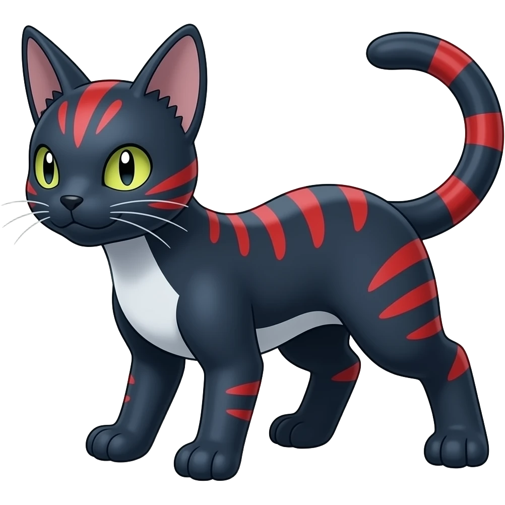 midnight blue-gray-black, with red markings, white belly, scaley Bastet-Noibat-Gatomon-Digimon-Fakémon-Pokémon-creature (full body) emoji