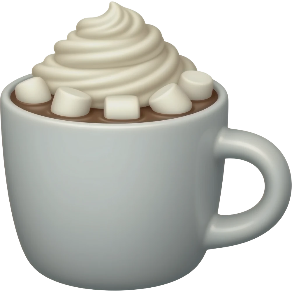 A mug of hot chocolate with marshmallows and whipped cream emoji