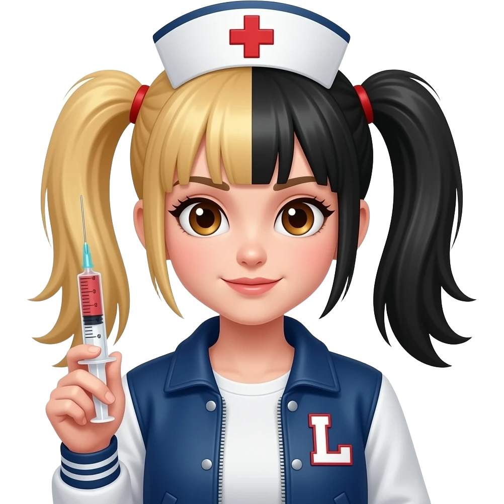 Punk nurse girl with hypodermic needle with half blonde half black hair in pigtails with a letter L patch on jacket and brown eyes emoji