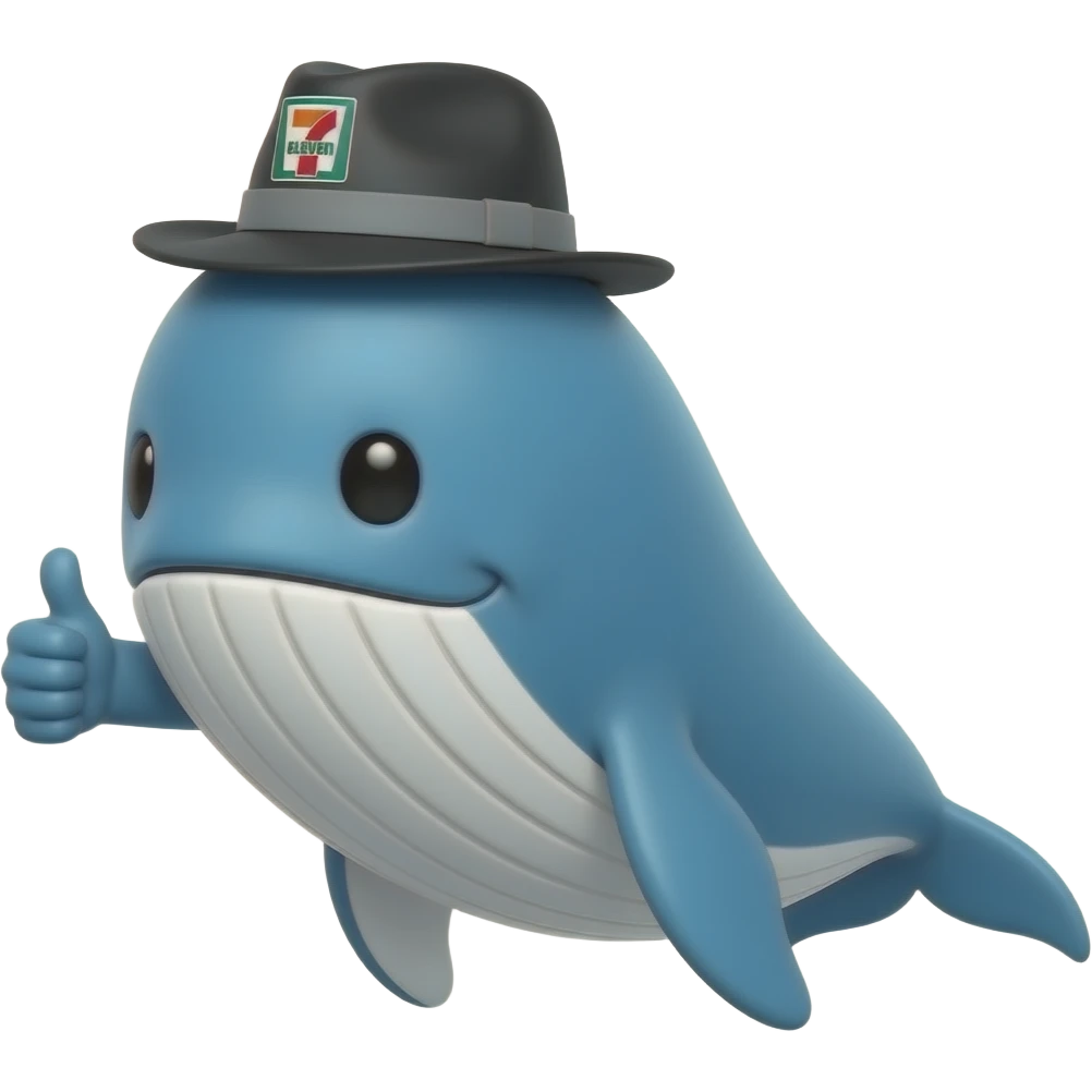 cartoonish blue Whale wearing a 7-eleven branded black and grey fedora with a thumbs up emoji