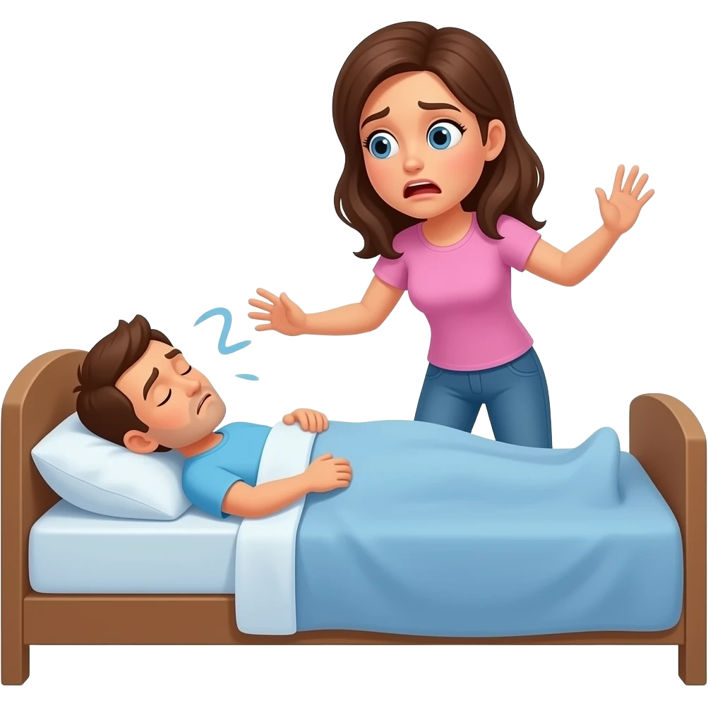 woman shaking up husband, sleeping in bed, woman scared emoji