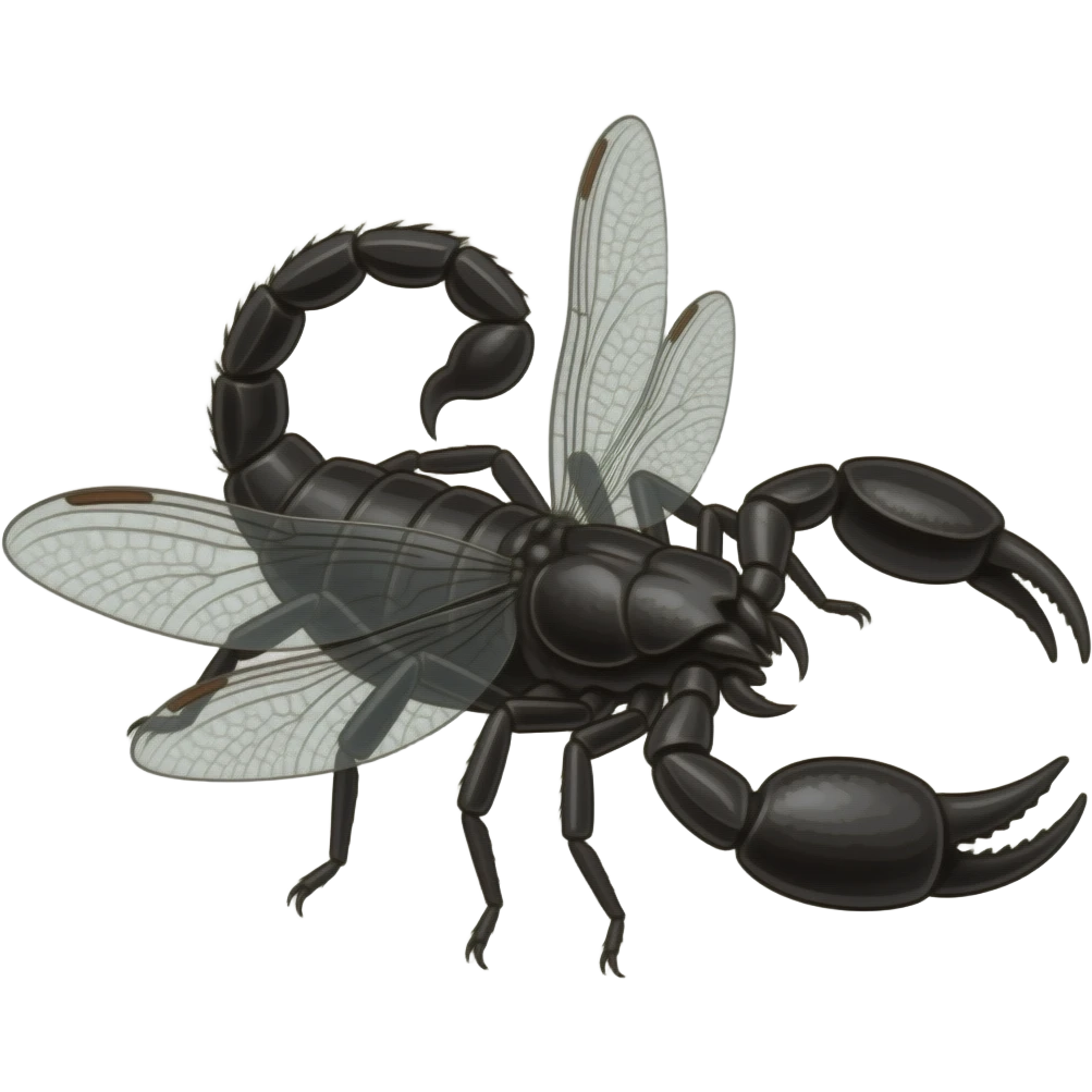 a black widow body and legs, dragonfly wings, a scorpion tail and stinger, a mantis head and arms, and scorpion pinchers emoji