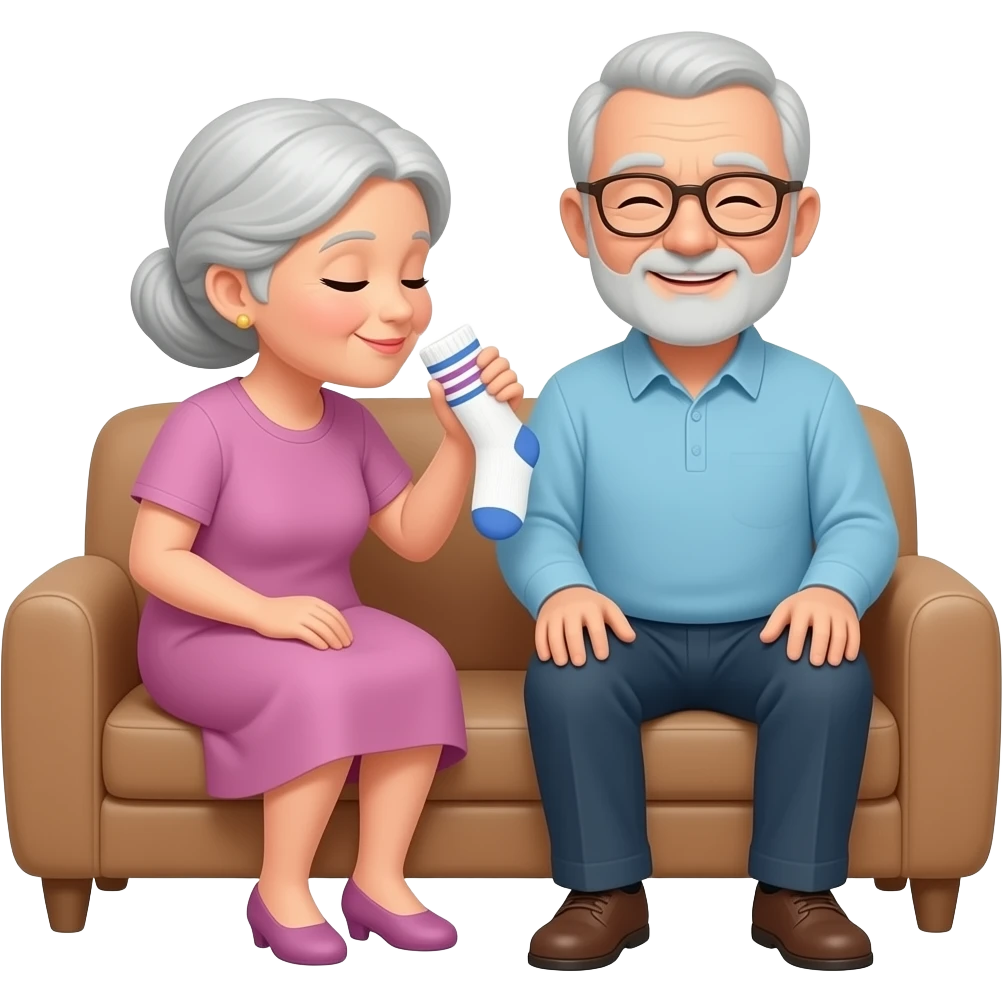 Grandma sniffing grandpa's socks on the couch emoji