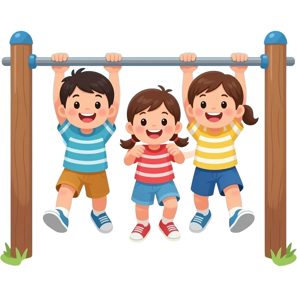 children playing on monkey bars, cheerful expressions emoji