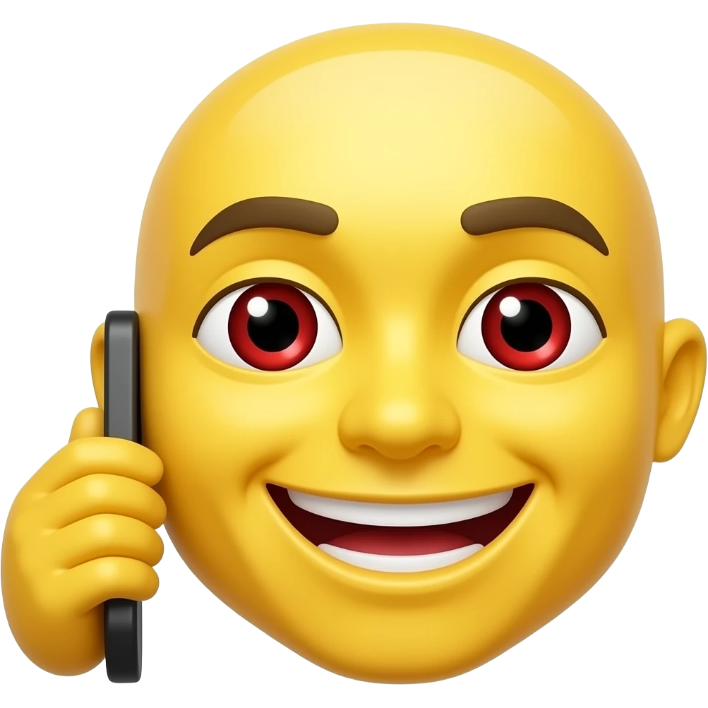 default yellow emoji holding a phone in front of him smiling with teeth and red eyes emoji
