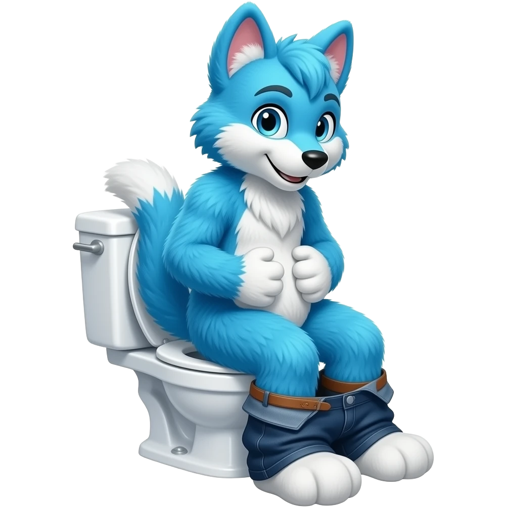 blue fursuit sitting on toilet, side view, pants down, hands on stomach, pushing emoji