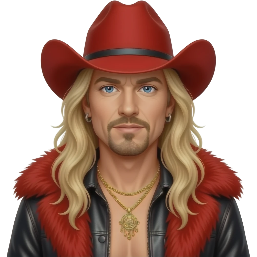 Bret Michaels with blue eyes, long blonde hair, red cowboy hat, red fur shawl, black metallic baggy pants, shirtless with necklace and earrings emoji