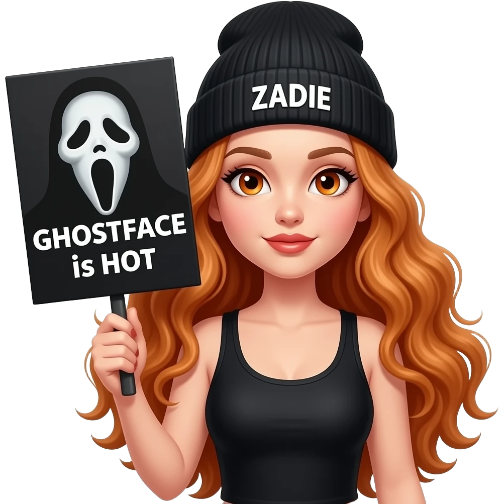sexy girl with overlong wavy ginger hair and ginger eyes wearing a black tanktop and a black beanie with ZADIE written on it, is holding a black sign with just GHOSTFACE is HOT on it emoji