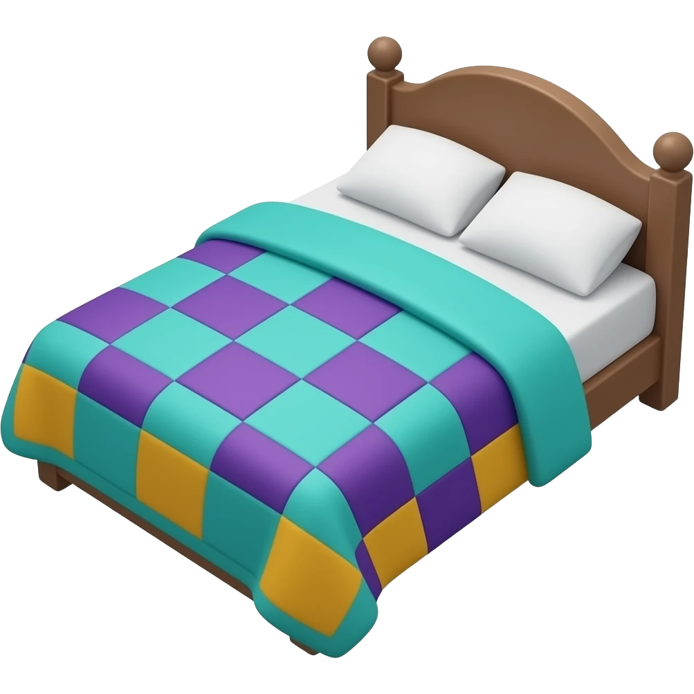 Mostly teal colour patch quilt with purples and yellows on a bed emoji