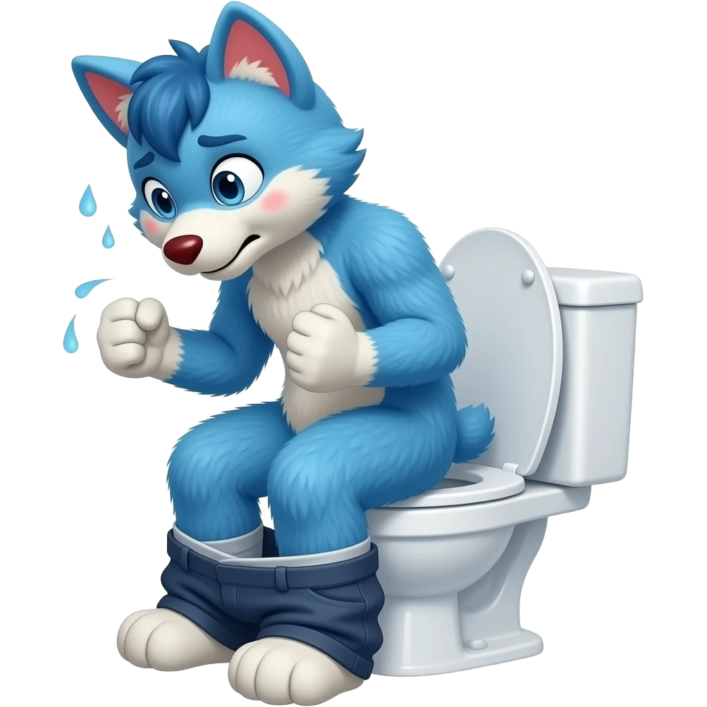 blue fursuit sitting on toilet, pants down, side view , both fists , uncomfortable, squeezing, straining, sweating, red cheeks, emoji