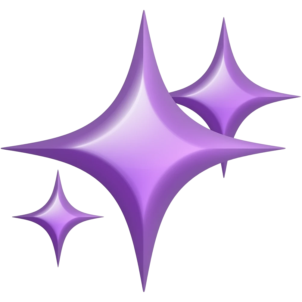 three purple sparkles, central right top left and bottom left emoji