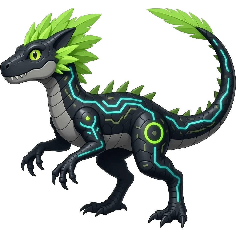 Cool edgy fiery cybernetic technological Circuitry-patterned black-scaled with neon-cyan stripe markings digitigrade futuristic raptorik fantasy-Cyberpunk-Steampunk-Solarpunk-Genesect-Salamence-Cyclizar-Salazzle-Feraligatr-Fakémon-animal-hybrid, with neon feather-mane, and a tail blade, back spikes emoji