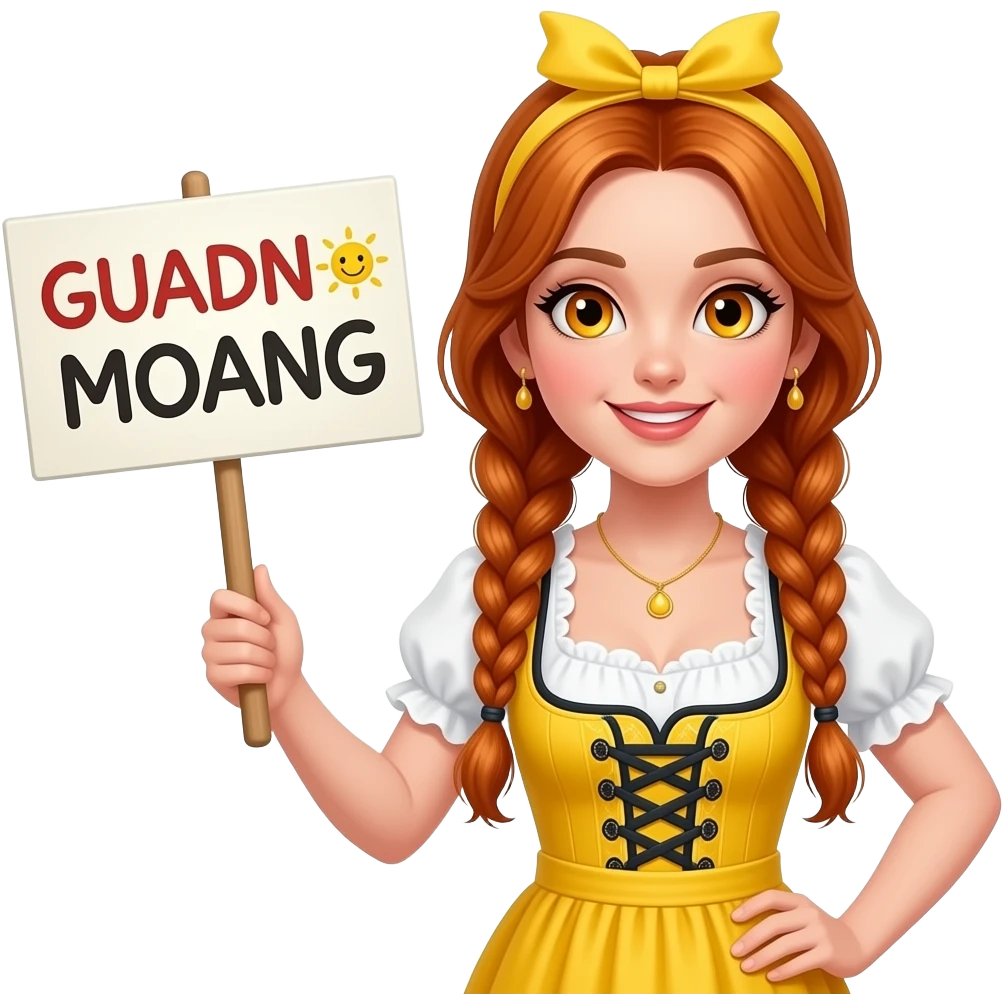 sexy girl with overlong ginger braids and ginger eyes wearing a yellow dirndl and a yellow headband with ZADIE written on it, is holding a sign with GUADN MOANG 🌞 written on it emoji