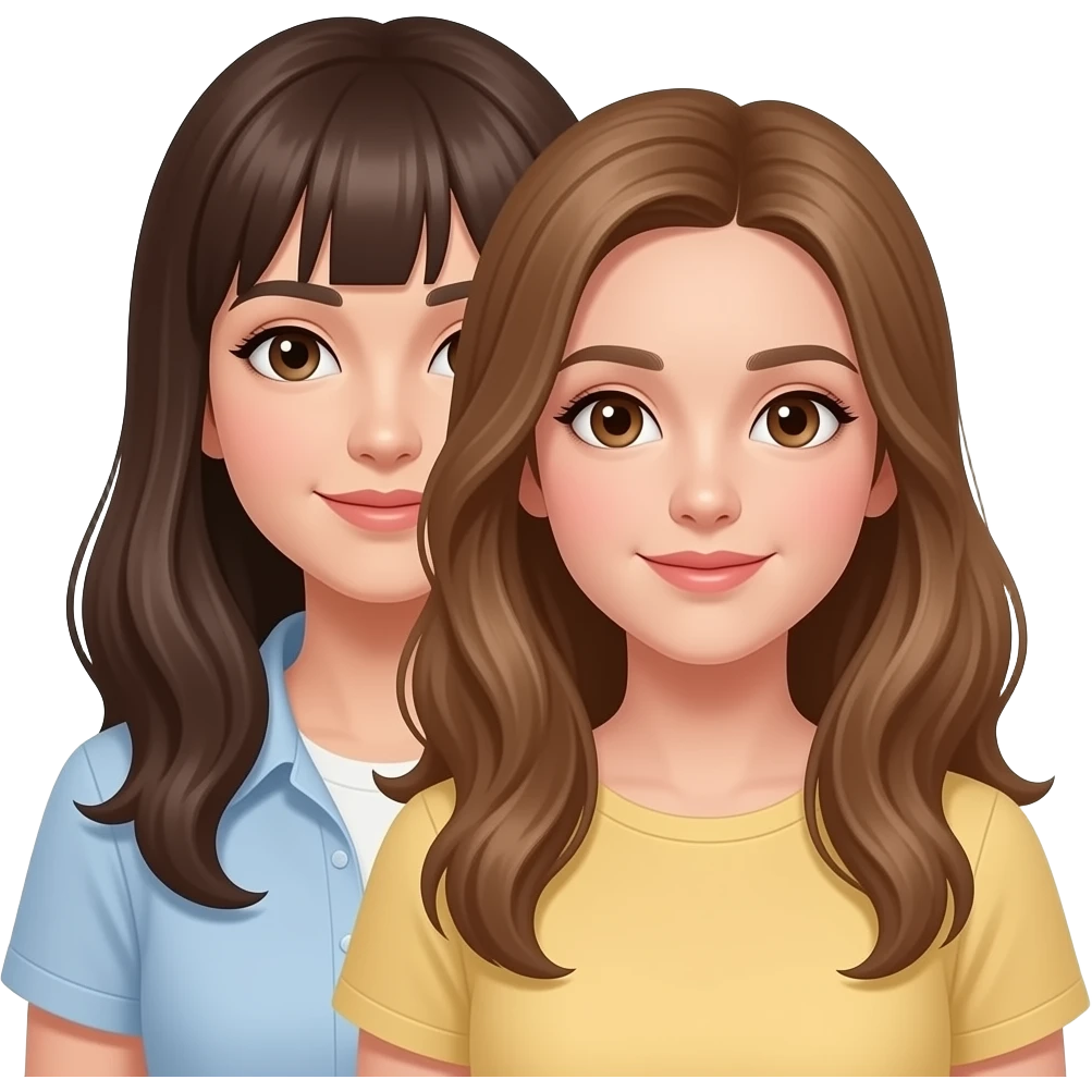 mamma con frangetta, capelli lunghi e una figlia  ciuffo al lato capelli marrone chiaro e occhi marrone emoji