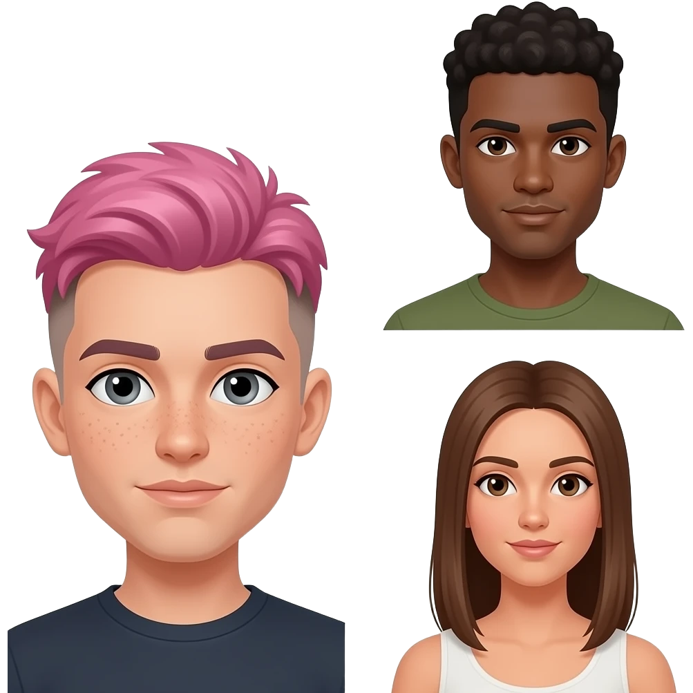 three people: short nonbinary person with short pink hair, brown eyebrows, and a brown undercut with pale skin, gray eyes and freckles, a tall olive-skinned man with dark brown eyes + very short curly hair, and a medium height woman with light tan skin, light brown straight long hair, and brown eyes emoji