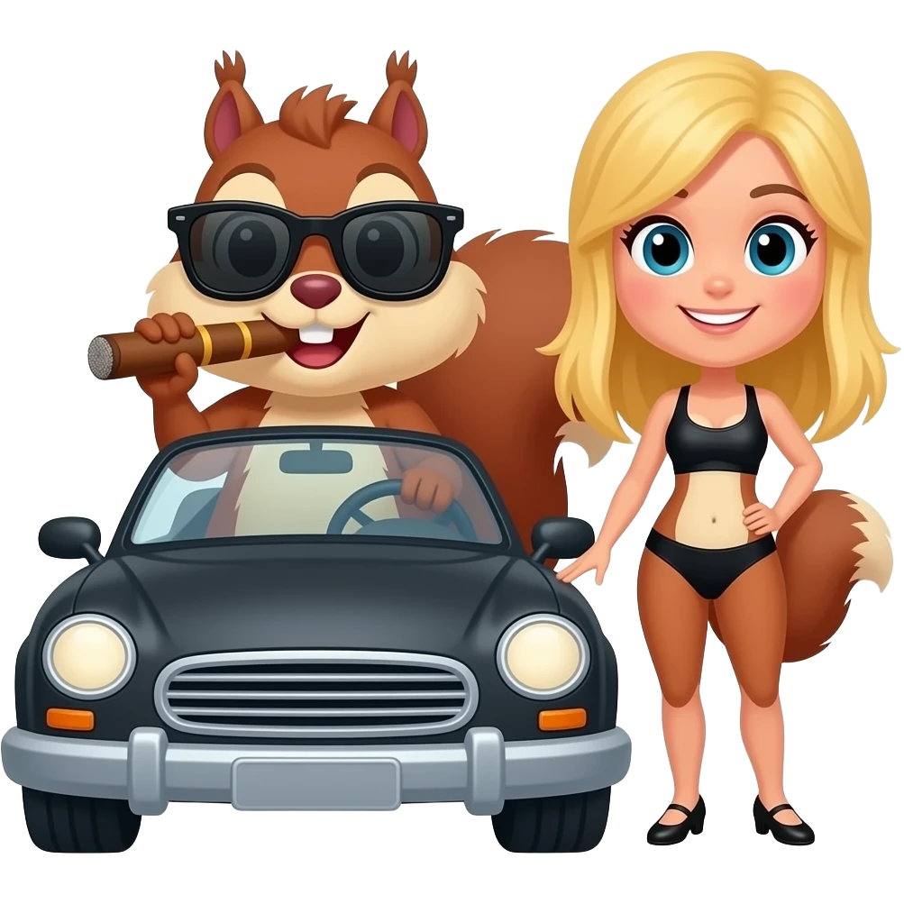 Marmotte au volant de voiture avec cigare et lunette de soleil et un marmotte fille blonde fashion emoji