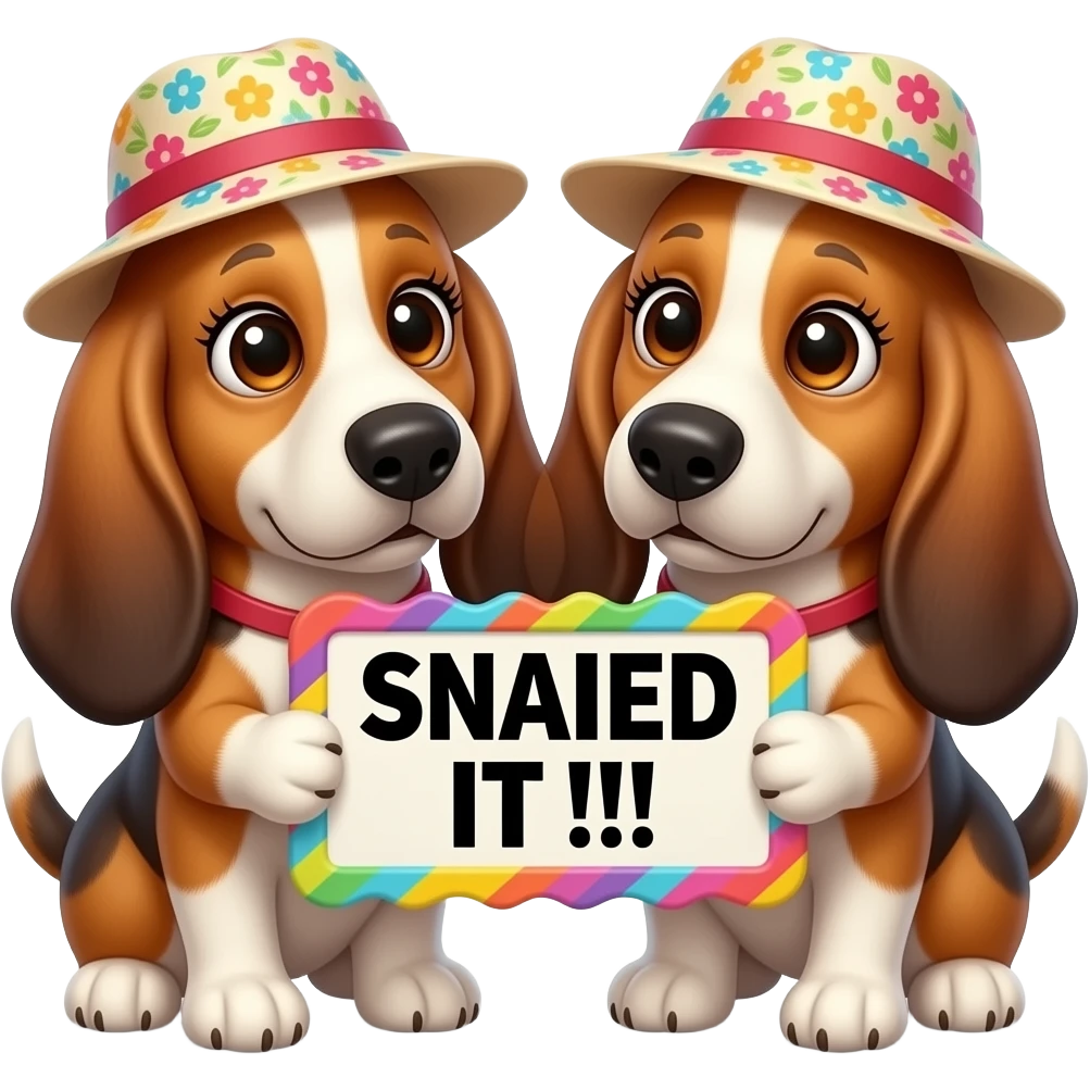 Create a super cute stuffed Animals which Looks Like a Basset Hound dogs  facing each other with big eyes and long eyelashes and with a floral hat holding a colorful ondulated frame sign with in front of its chest that says in a funny big black font "SNAILED IT!!!" emoji