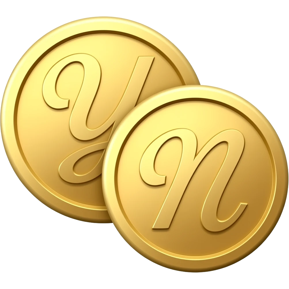 2 gold coins one with the letter "Y" and the other with the letter "N" written in cursive letters side by side apart emoji