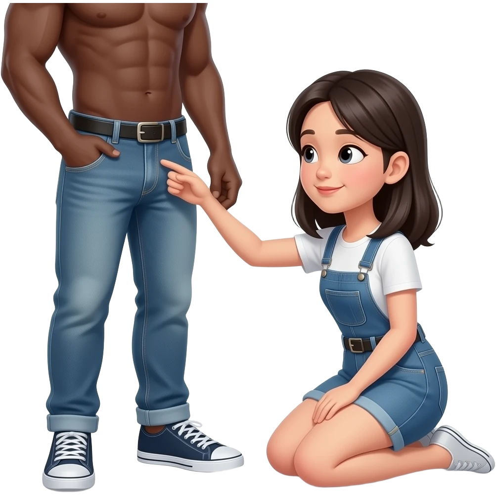 Asian girl kneeling before a black guy showing his penis emoji