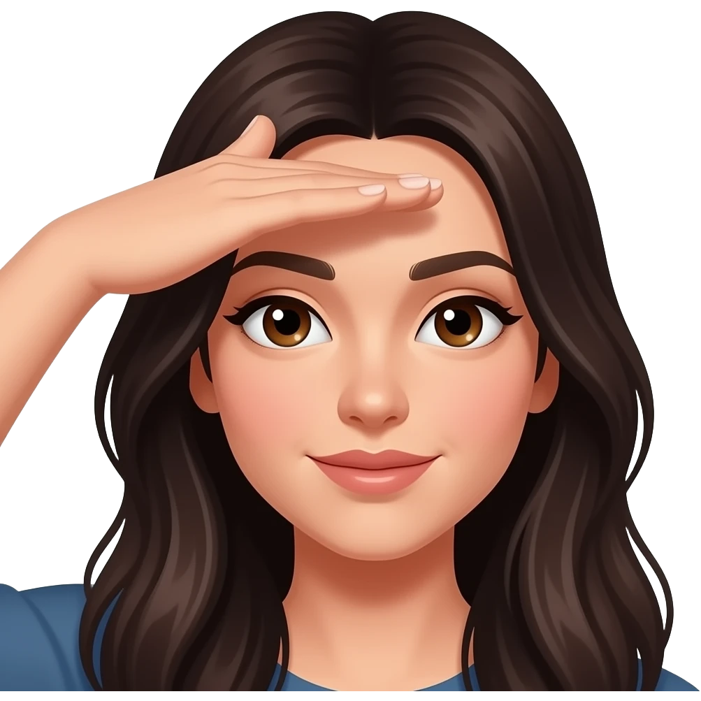 Woman with dark long hair brown eyes L fingers on forehead emoji