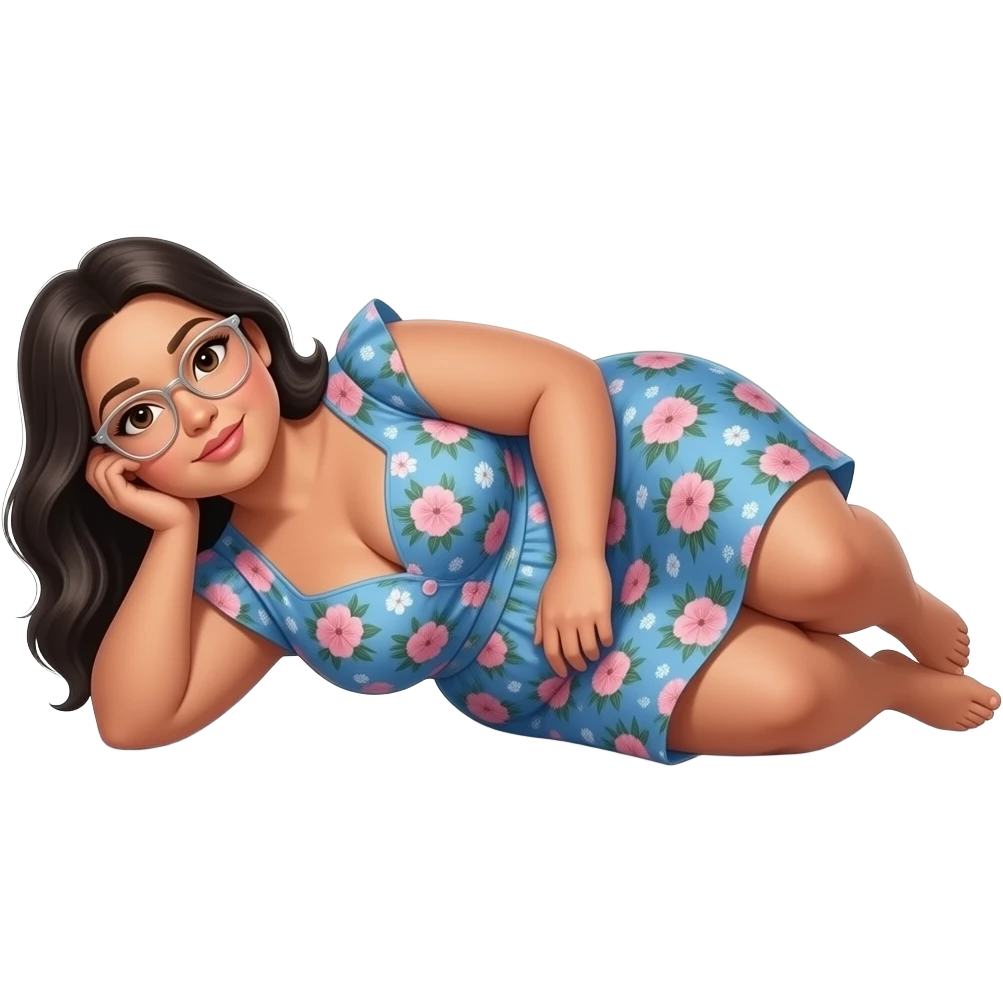 chubby tanned woman with long stright black hair, silver  thin framed glasses, pretty blue flora dress,laying on side with knees together emoji