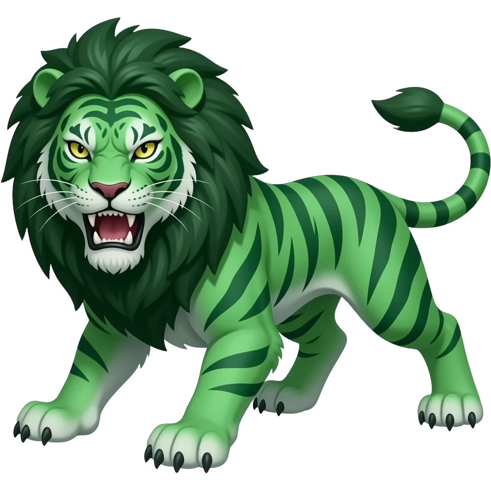 Final form of Emerald Meowzer, Stage 3, grown up, Fierce, angry, attack, Emerald Green lion-like, with tiger stripes emoji