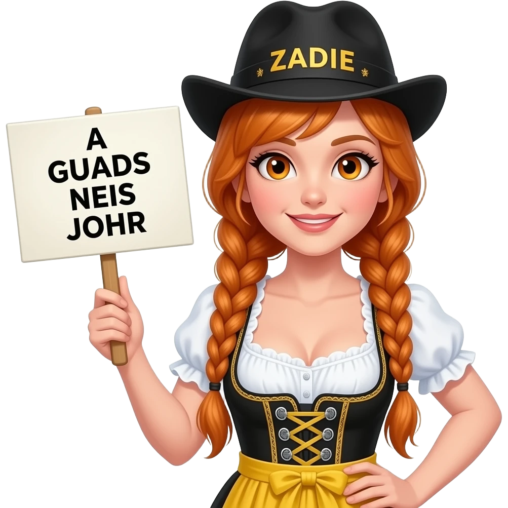 sexy girl with overlong ginger braids and ginger eyes wearing a yellow dirndl and a black bavarian hat with ZADIE written on it, is holding a sign with A GUADS NEIS JOHR written on it emoji
