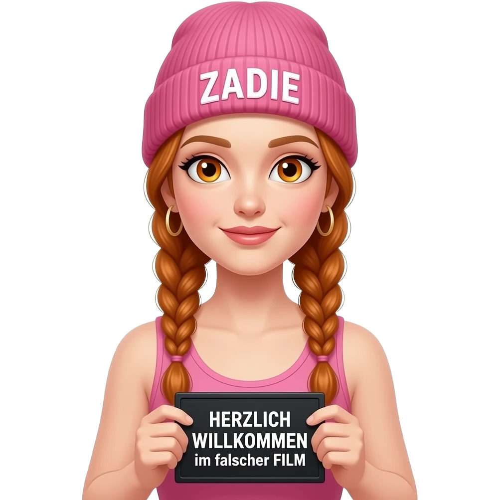 sexy girl with overlong ginger braids and ginger eyes wearing a pink tanktop and a pink beanie with ZADIE written on it, is holding a black sign with HERZLICH WILLKOMMEN im falschen FILM written on it emoji