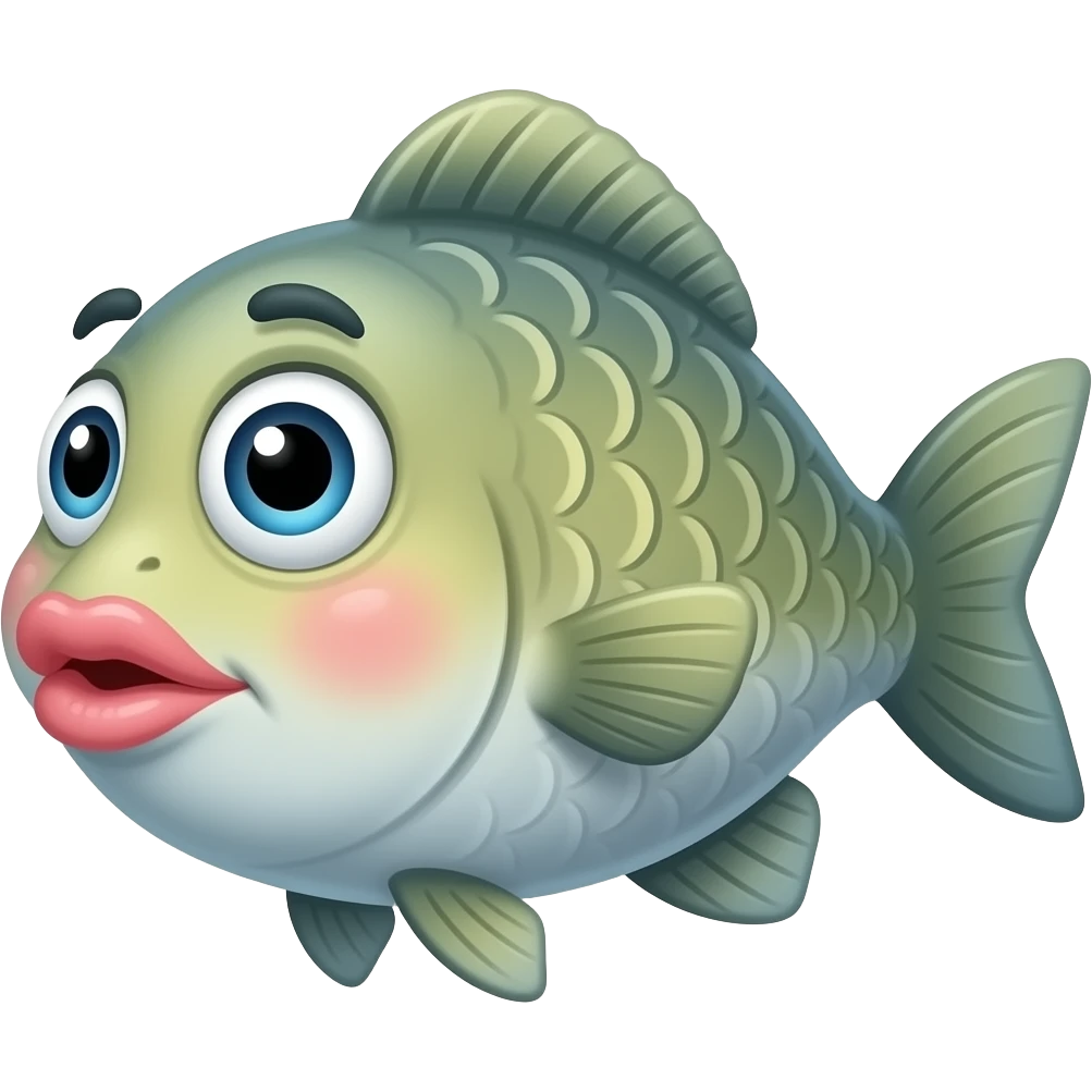 Cartoon fish with pursed lips, slightly puffed cheeks, funny facial expression, big eyes, kawaii style, children's speech therapy illustration, white background, 2D cartoon. emoji