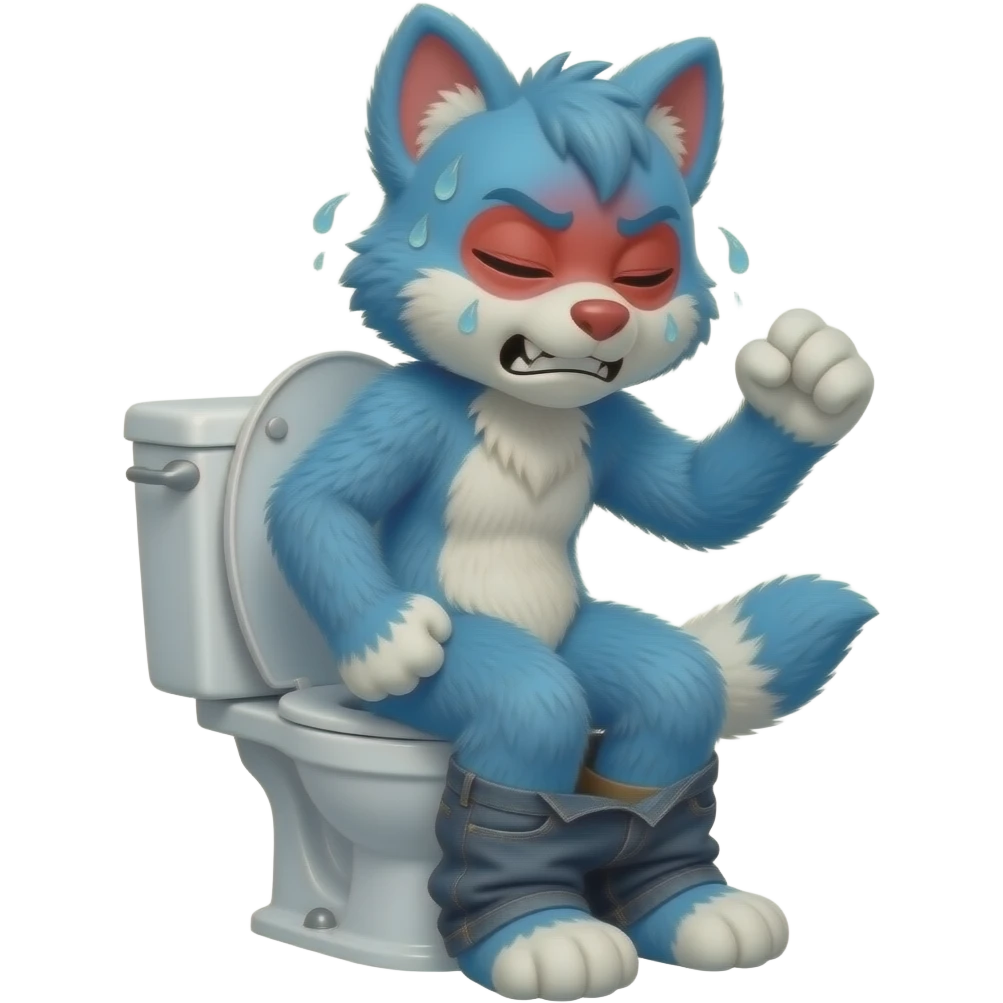 blue fursuit sitting on toilet, side view , pants down, pushing, eyes closed, straining face, pushing, sweating, red face, both fists, teeth emoji