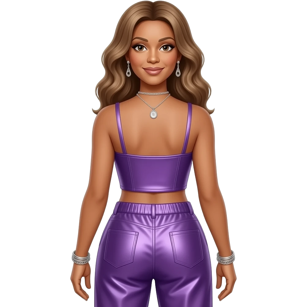 Whitney Houston from behind with purple metallic crop top, purple metallic baggy pants, necklace and earrings emoji