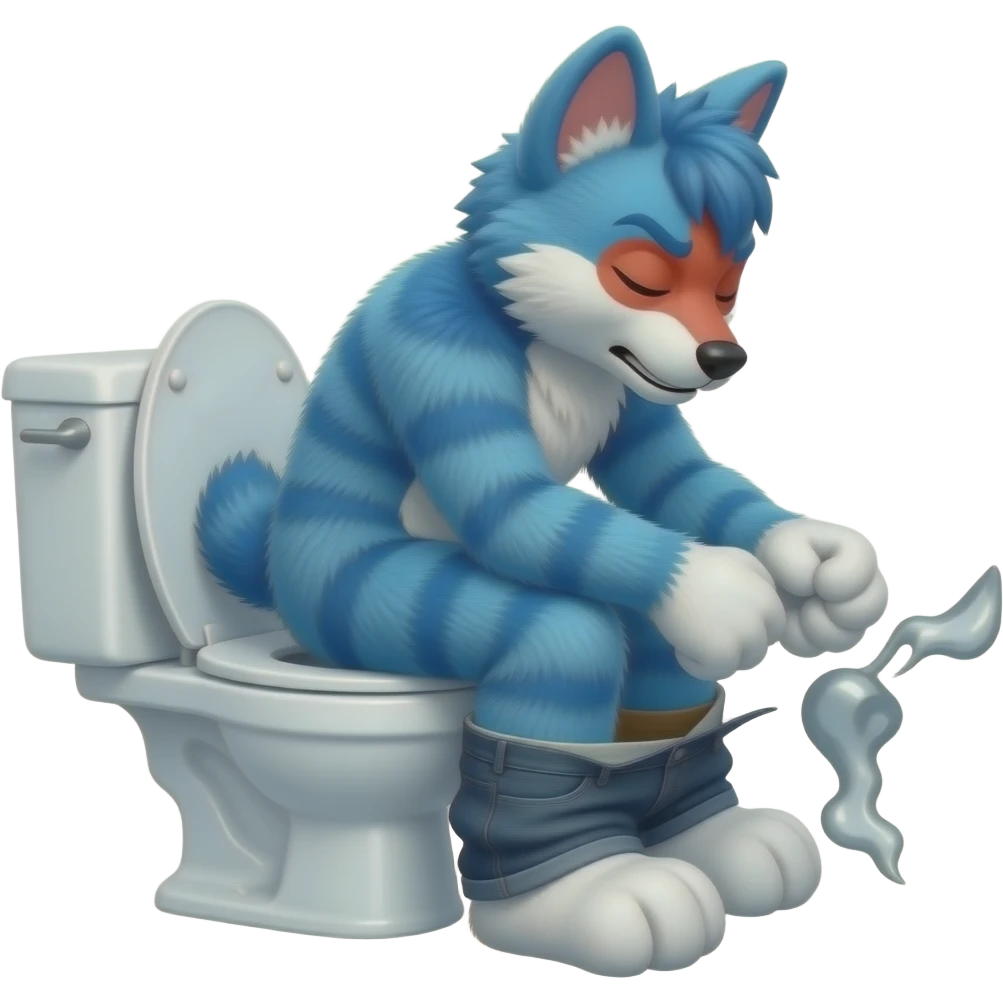 blue fursuit sitting on toilet, side view , pants down, pushing, eyes closed, straining and red  face emoji