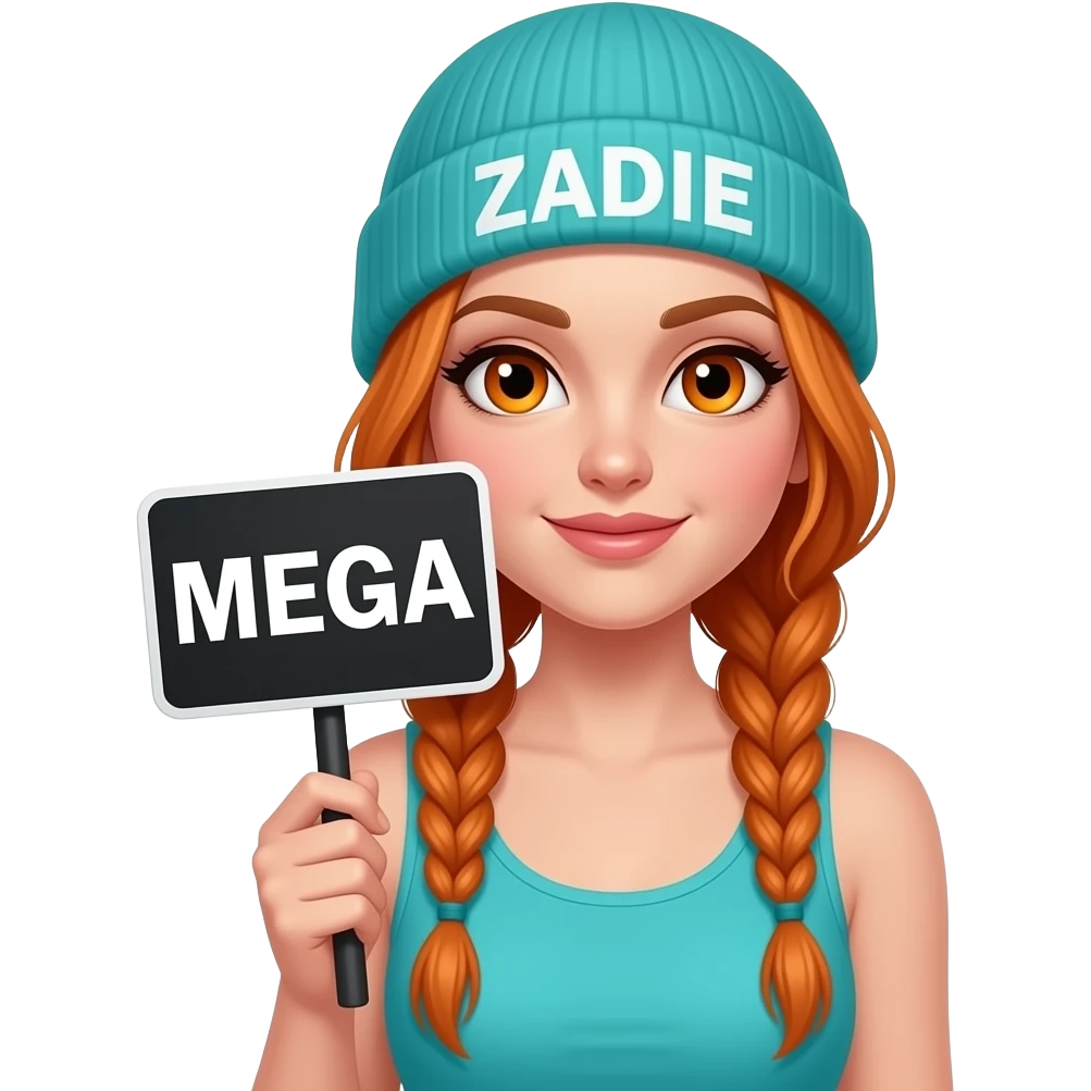 sexy girl with overlong ginger braids and ginger eyes wearing a turquoise tanktop and a turquoise beanie with ZADIE written on it, is holding a black sign with MEGA written on it emoji
