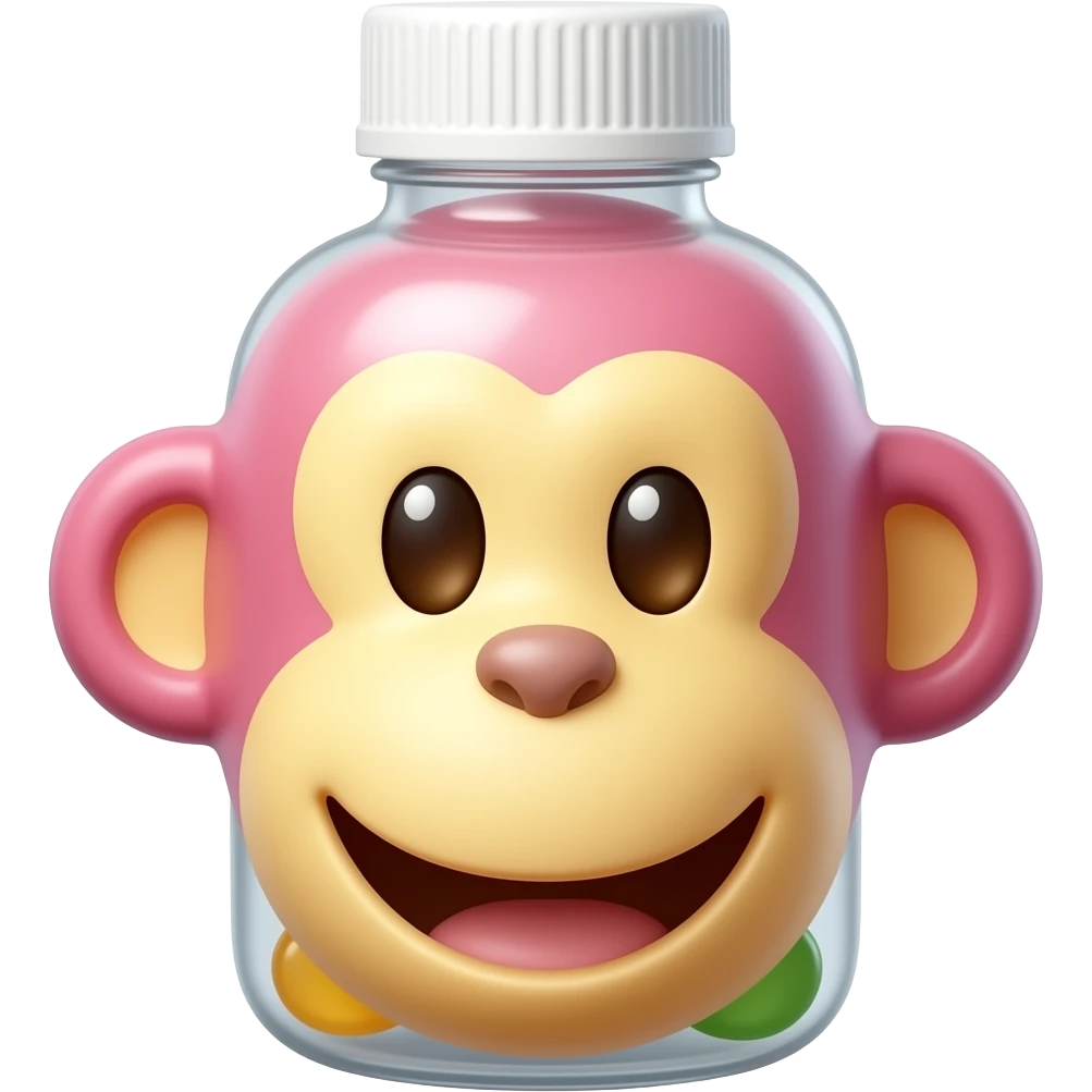 a bottle with supplement gummies in the shape of an monkey head in pink and yellow colors (like Monkids Multivitamin Barn) a (for kid with the writing "VITAMINGODIS" on the label. emoji