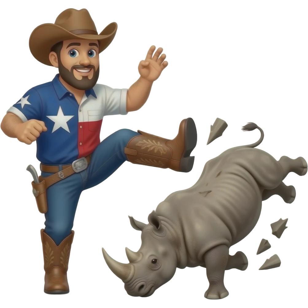 Big texas cowboy boot kicking out a falling rhino emoji