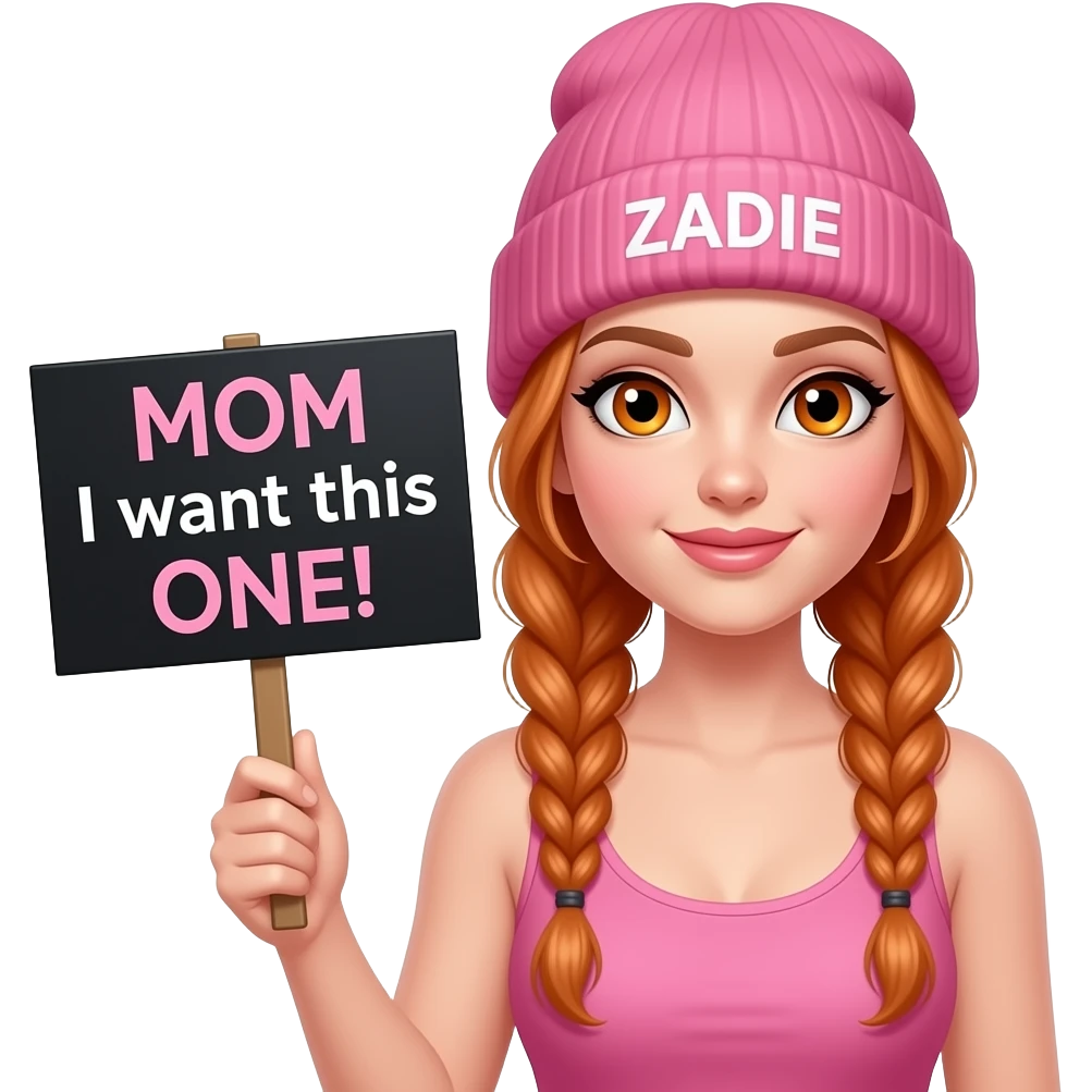 sexy girl with overlong ginger braids and ginger eyes wearing a pink tanktop and a pink beanie with ZADIE written on it, is holding a black sign with MOM I want this ONE! written on it emoji
