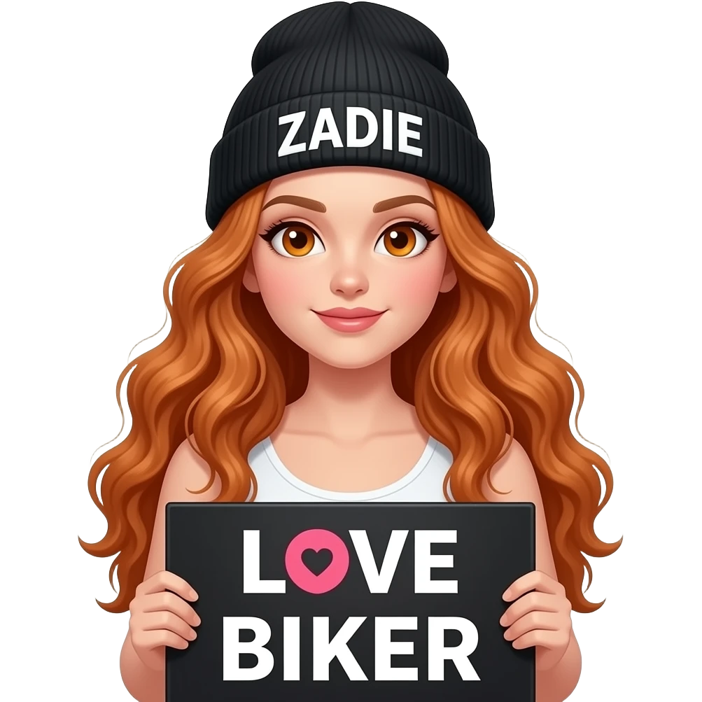 sexy girl with overlong wavy ginger hair and ginger eyes wearing a white tanktop and a black beanie with ZADIE written on it, is holding a black sign with LOVE BIKER written on it emoji