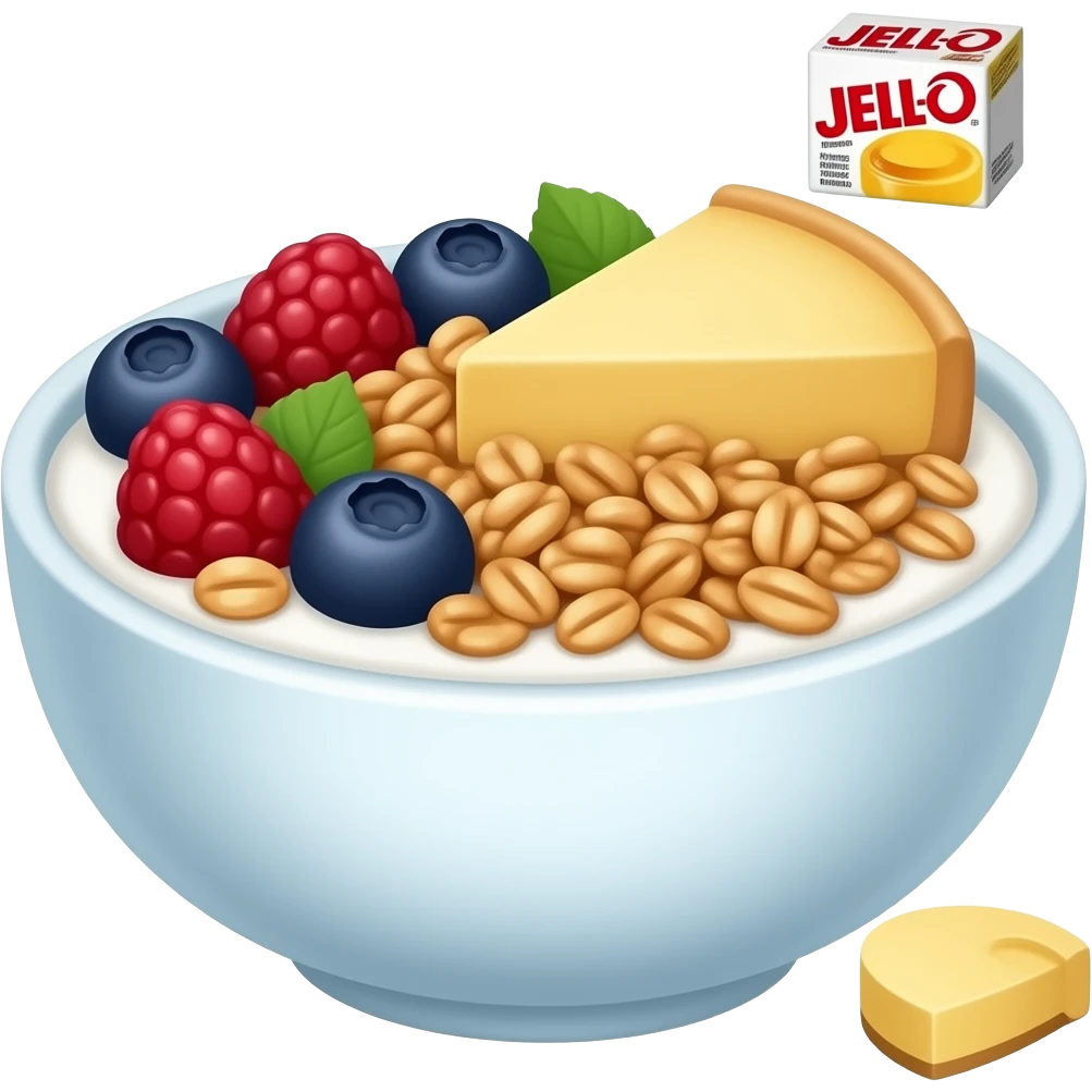 Yogurt bowl with berries and granola and a tiny little yellow cheesecake flavor Jell-O pudding box at the top right emoji