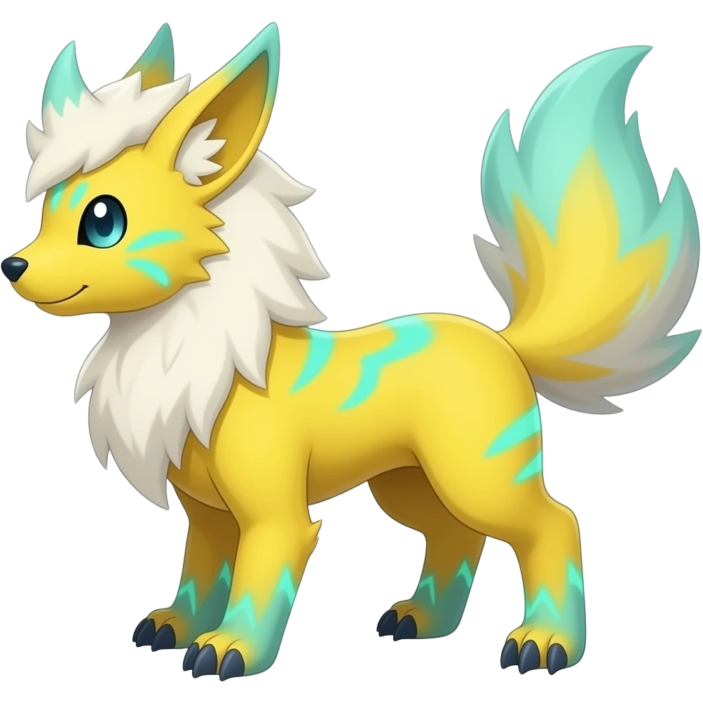 Yellow Renamon-Zeraora-Fennekin-Manectric-Vaporeon-Fakémon-hybrid with glowing neon cyan markings emoji