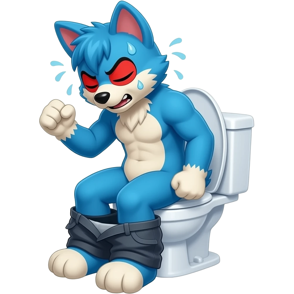 blue fursuit sitting on toilet, side view , pants down, pushing, eyes closed, straining face, red face, sweating, fists emoji