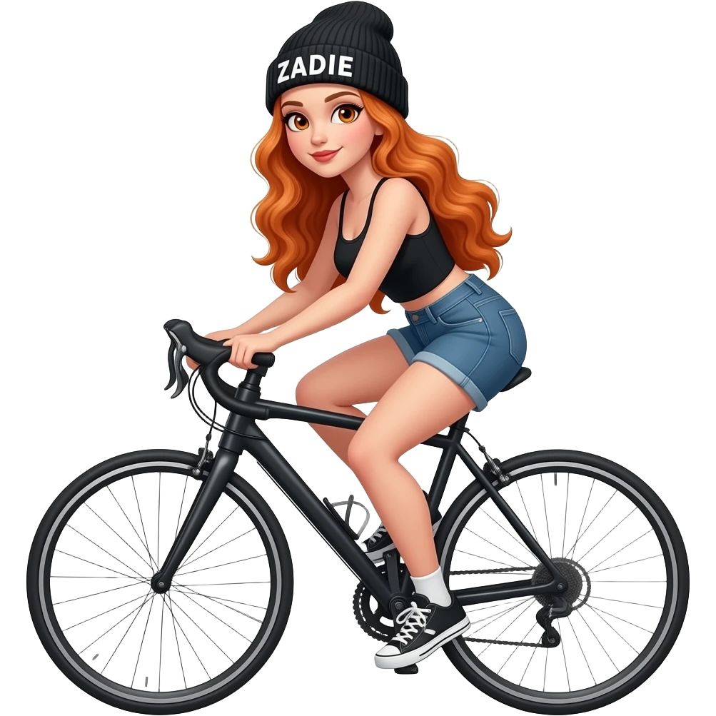 sexy girl with overlong wavy ginger hair and ginger eyes wearing a black tanktop and a black beanie with ZADIE written on it, is riding a bike emoji