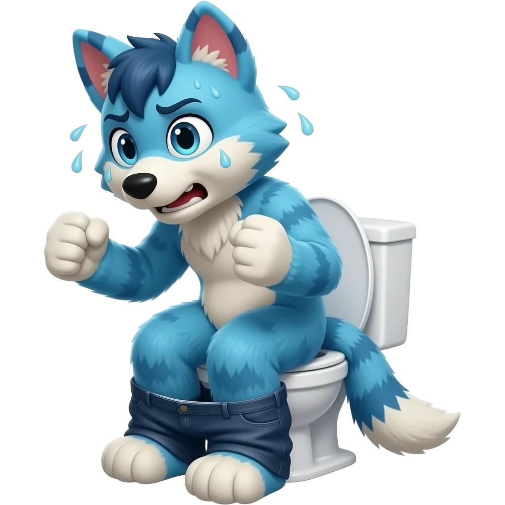 blue fursuit sitting on toilet, side view , pants down, pushing, straining face,  uncomfortable, both fists, sweating emoji