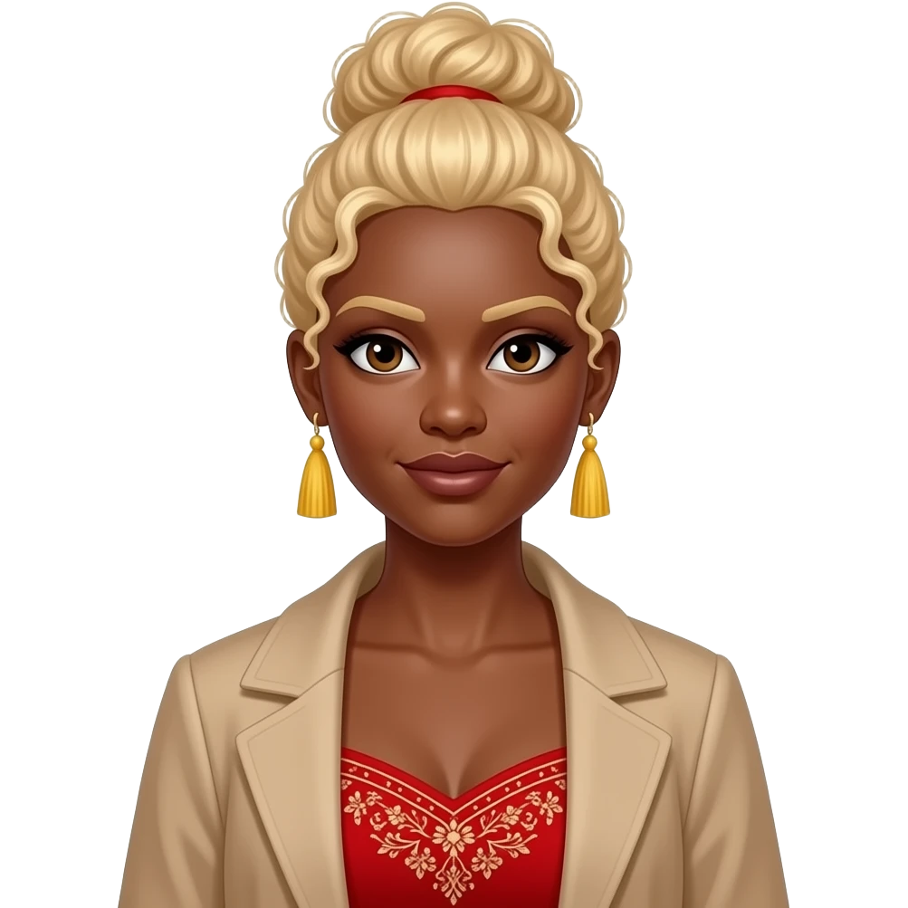 A medium shot portrait of a Black woman with blonde, curly hair styled in a high bun, looking directly at the camera. She is wearing a strapless red top with intricate patterns and a yellow tassel earring in both of her ears. she wears a fancy coat outside of the dress emoji