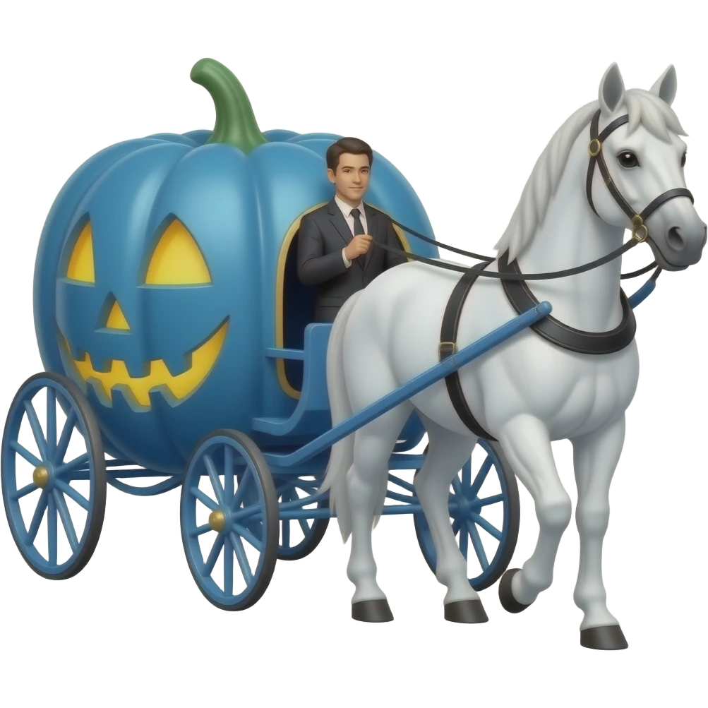 A white horse pulls a blue pumpkin carriage emoji